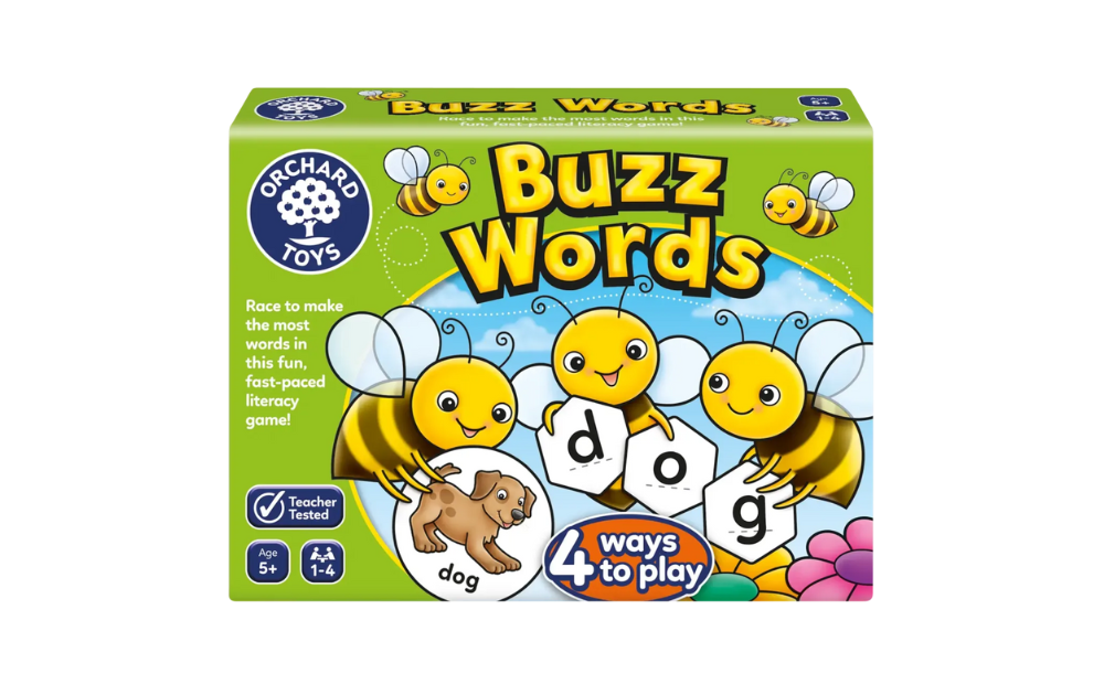Orchard Toys Buzz Words game for kids featuring colorful bee design and educational word cards