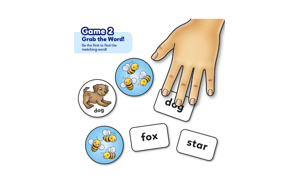 Orchard Toys Buzz Words game for kids featuring cards and fun matching game elements
