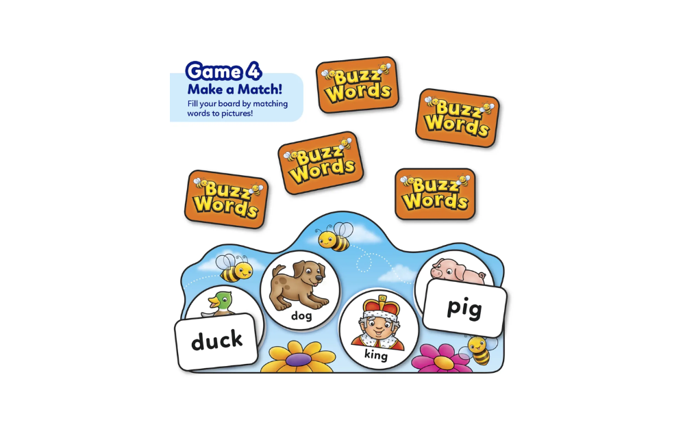 Orchard Toys Buzz Words game for kids featuring matching words and pictures for fun learning