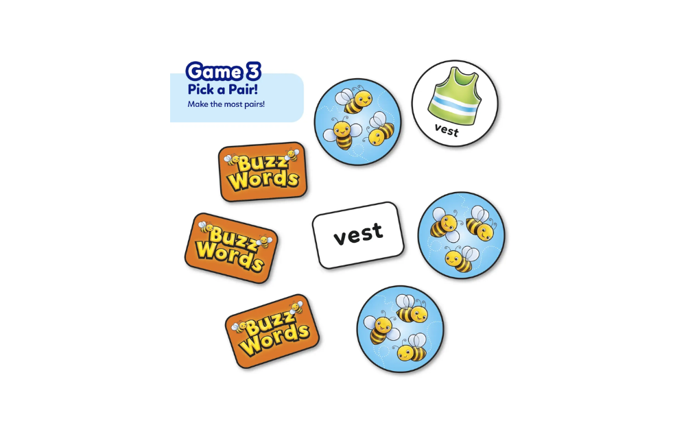 Orchard Toys Buzz Words game for kids featuring colorful cards and tokens for word matching fun