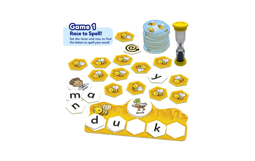 Buzz Words game for kids featuring honeycomb letter tiles and a timer to race and spell words