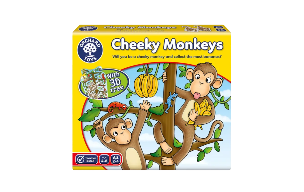 Cheeky Monkey game for kids by Orchard Toys with colorful box featuring playful monkeys and a 3D tree