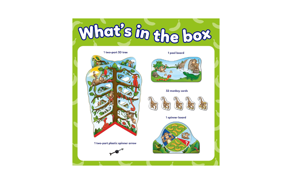 What's in the box for Cheeky Monkey game for kids includes spinner, goal board, and monkey cards
