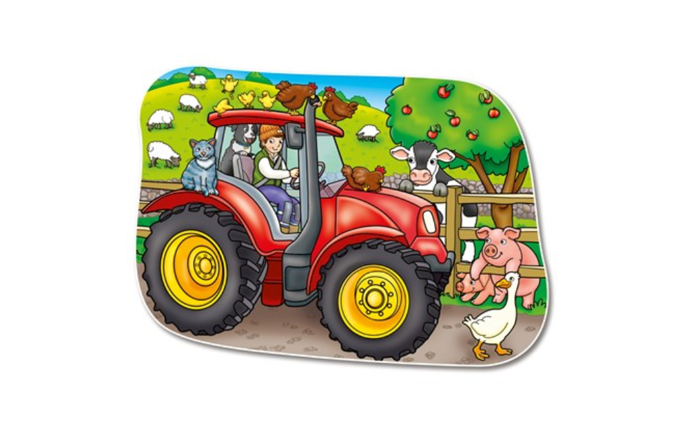 Colorful children's tractor jigsaw puzzle featuring animals and a farmer on a vibrant farm scene