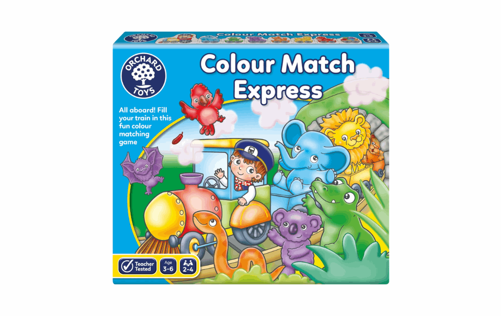 Orchard Toys Colour Match Express game featuring colorful train and friendly animal characters