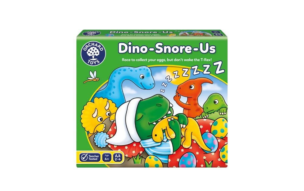 Orchard Toys Dino-Snore-Us board game featuring colorful dinosaurs and egg collection gameplay