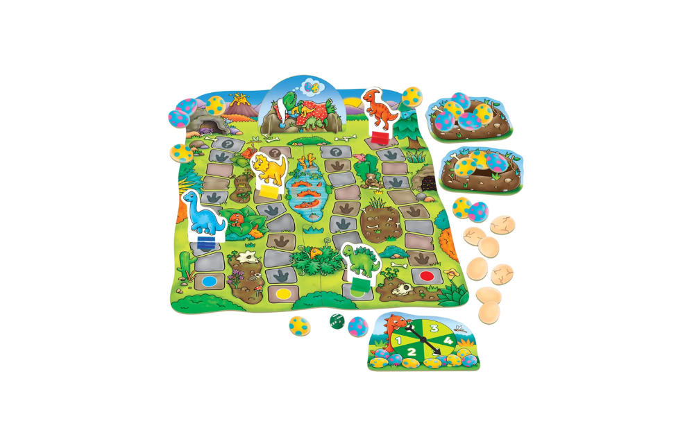 Dino-Snore-Us board game from Orchard Toys featuring colorful dinosaurs and interactive game pieces