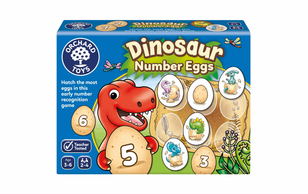 Orchard Toys Dinosaur Number Eggs game for ages 3 to 6 with colorful dinosaur-themed number recognition puzzles