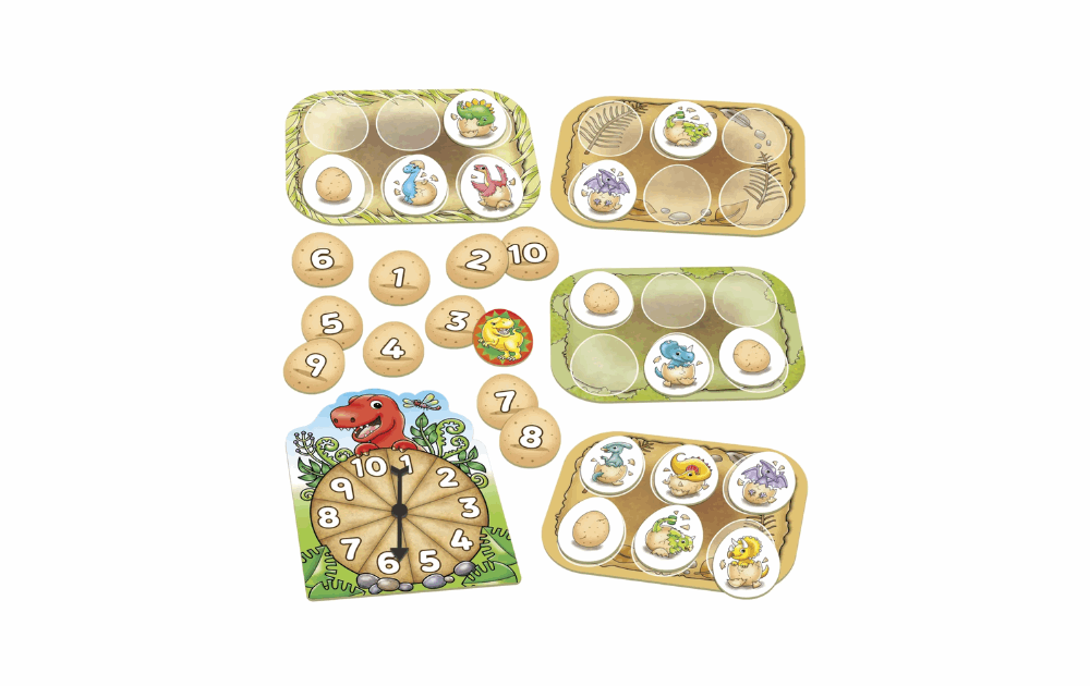 Orchard Toys Dinosaur Number Eggs game with colorful eggs and numbers for counting fun