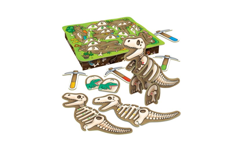 Orchard Toys dinosaur puzzle featuring dinosaur skeleton pieces and excavation tools for fun learning