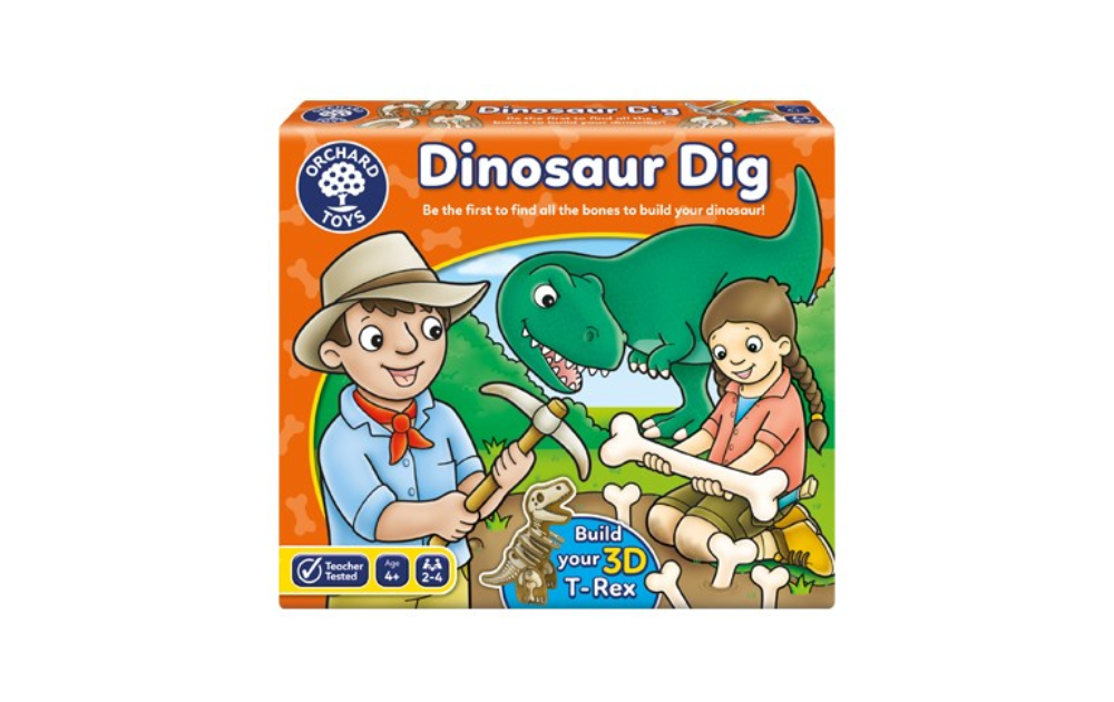 Orchard Toys dinosaur puzzle featuring kids finding bones to build a 3D T-Rex dinosaur