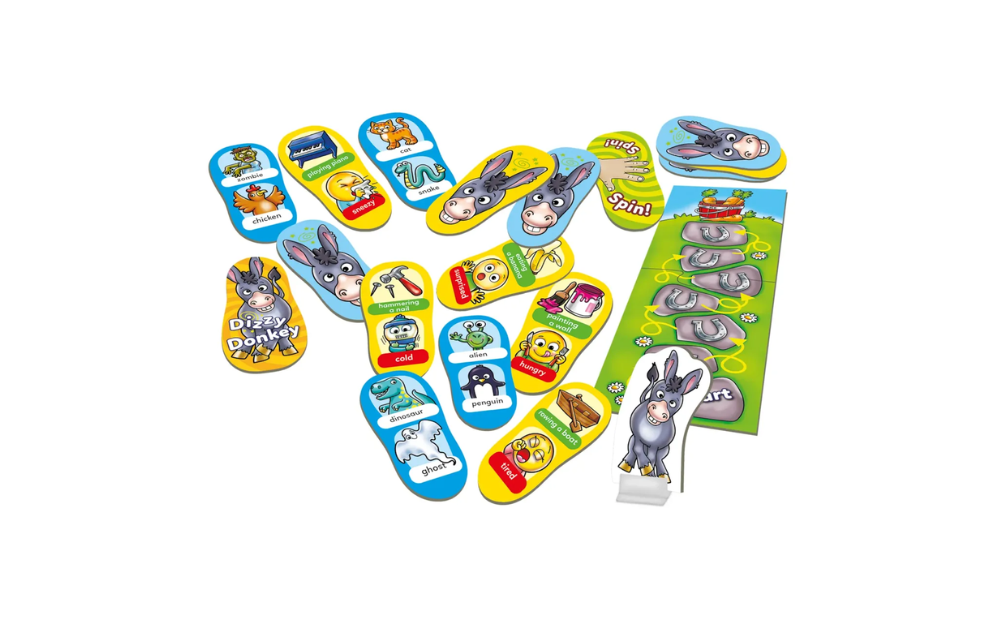 Dizzy Donkey game from Orchard Toys featuring colorful cards and a fun spinning board for family entertainment