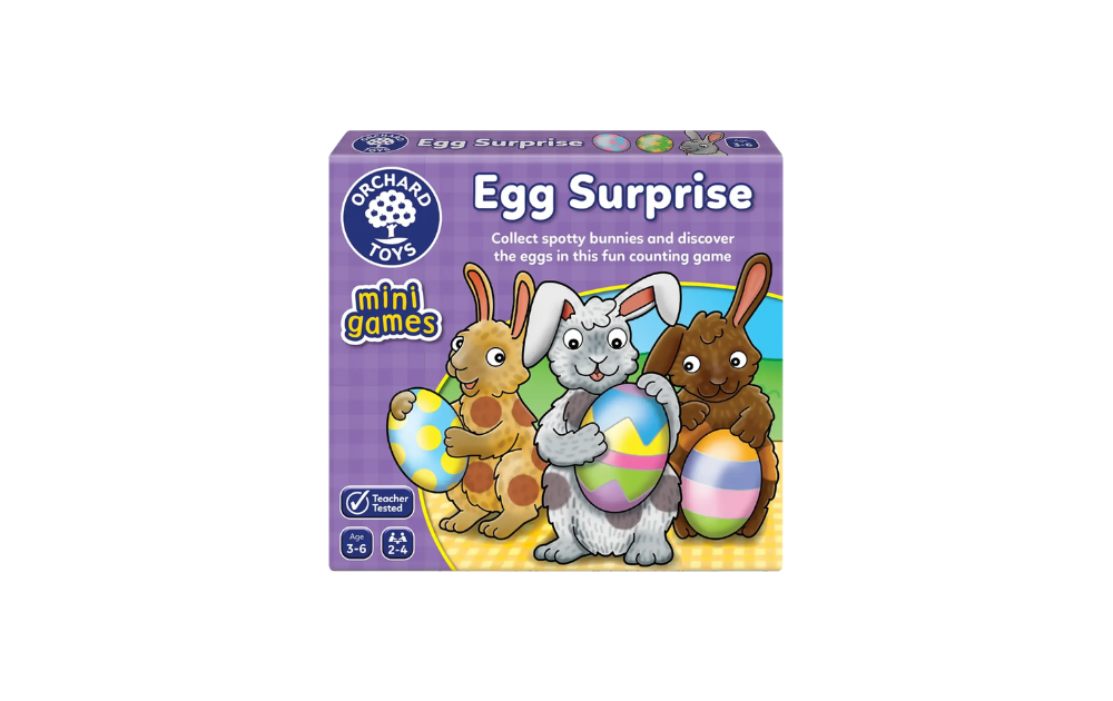 Orchard Toys Egg Surprise Mini Games Box featuring bunnies and colorful eggs for fun counting play