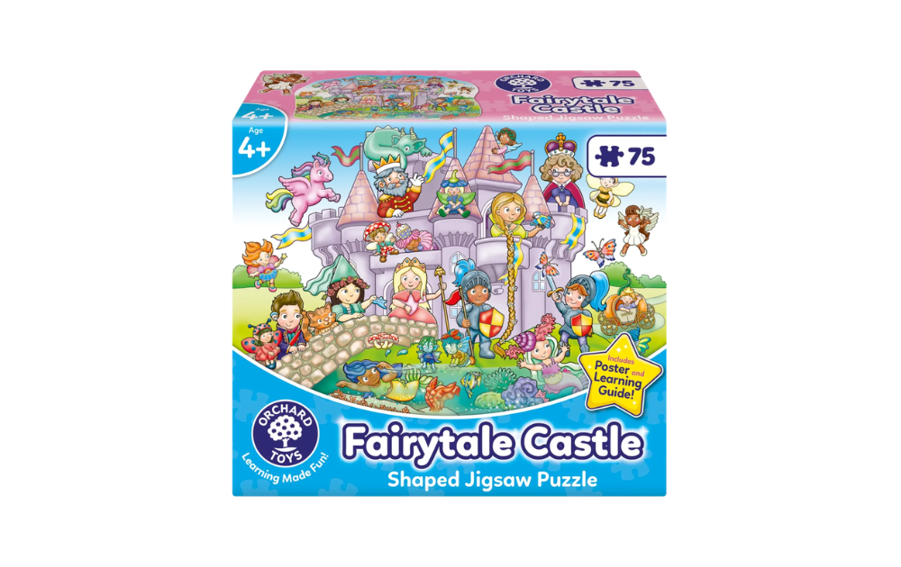 Fairytale Castle 75 piece Shaped Jigsaw Puzzle by Orchard Toys featuring vibrant characters and a magical castle scene