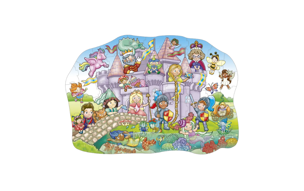 Fairytale Castle 75 piece Shaped Jigsaw Puzzle by Orchard Toys featuring knights, princesses and mythical creatures