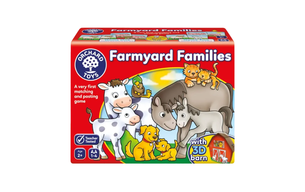 Orchard Toys Farmyard Families game featuring colorful illustrations and 3D barn for matching fun