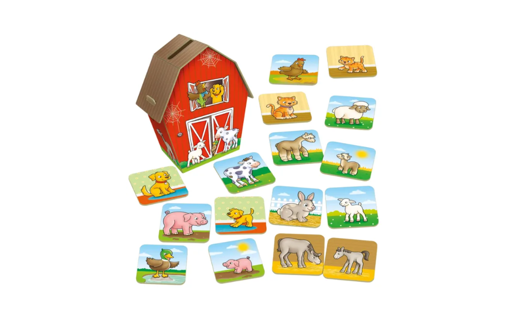 Orchard Toys Farmyard Families colorful puzzle with wooden barn and animal tiles for kids