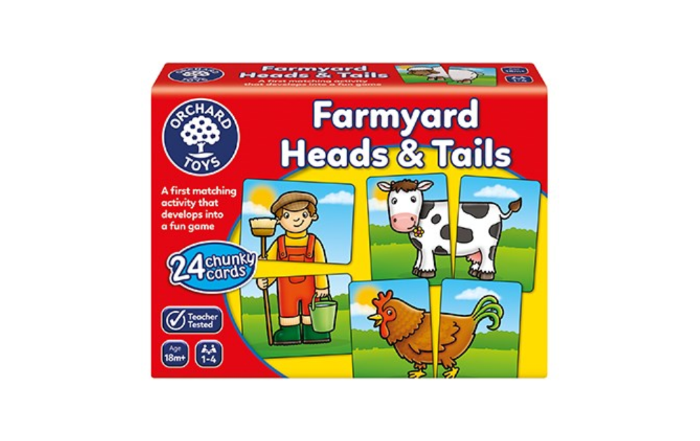 Farmyard Heads & Tails game by Orchard Toys featuring 24 chunky matching cards for fun learning