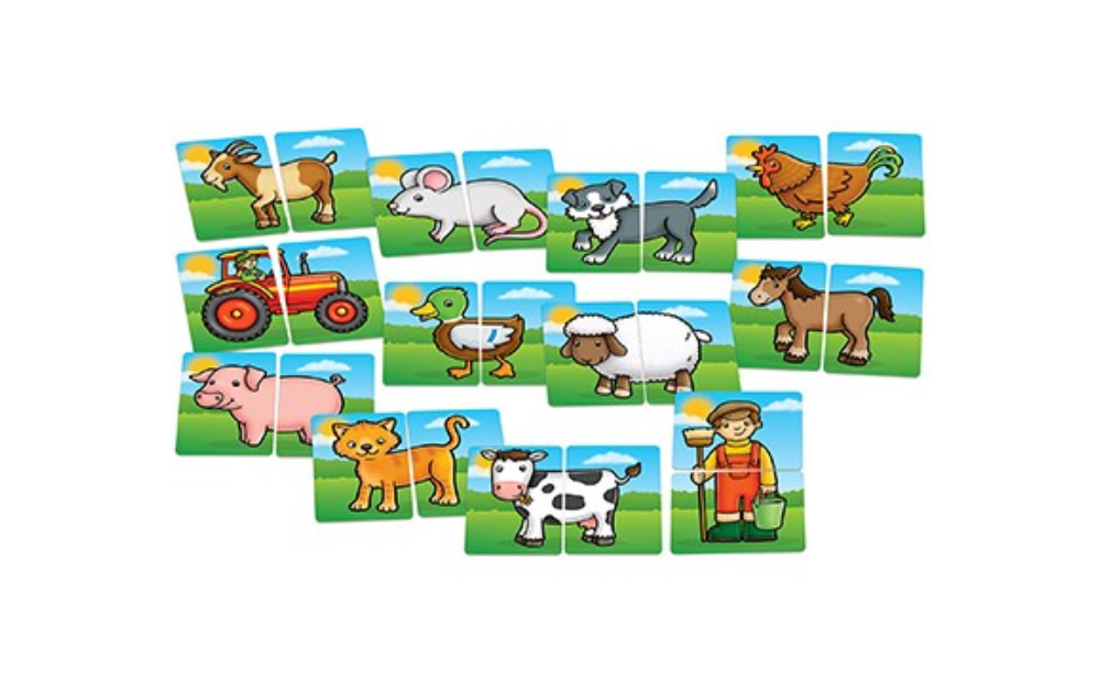 Farmyard Heads & Tails game from Orchard Toys with colorful animal puzzle pieces for children