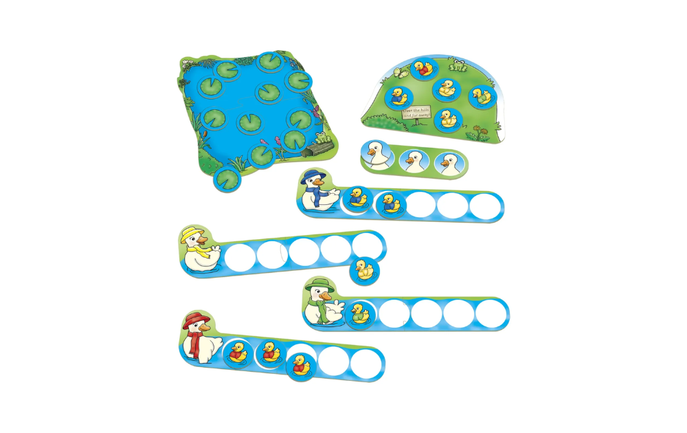 Five Little Ducks Game by Orchard Toys featuring colourful game pieces and a pond scene