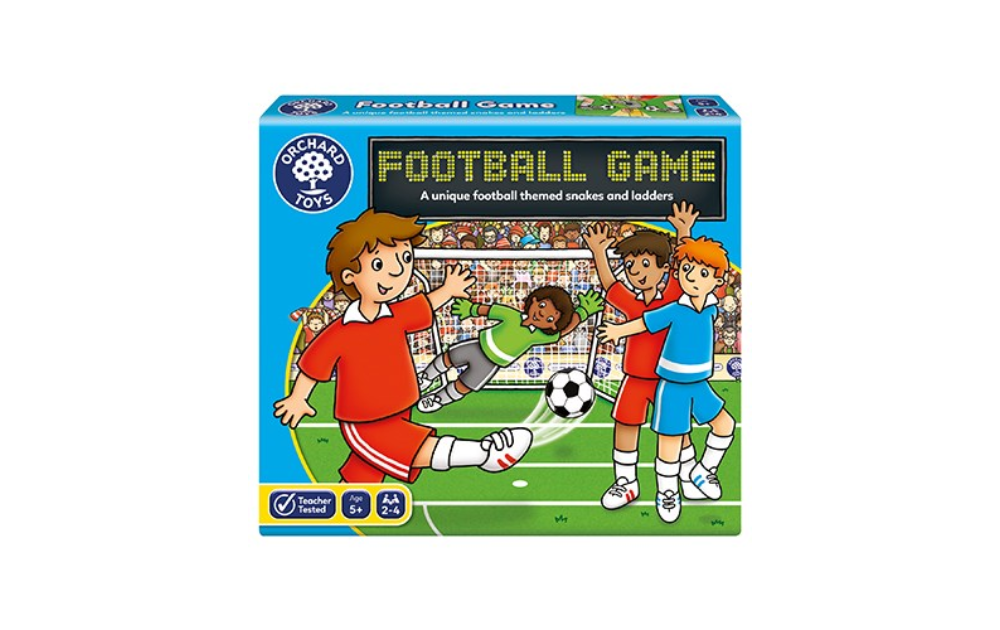 Orchard Toys Football Game featuring kids playing soccer with a unique snakes and ladders design