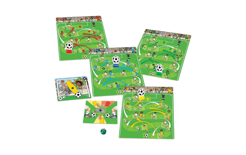 Orchard Toys Football Game featuring bright colorful boards and playful soccer characters