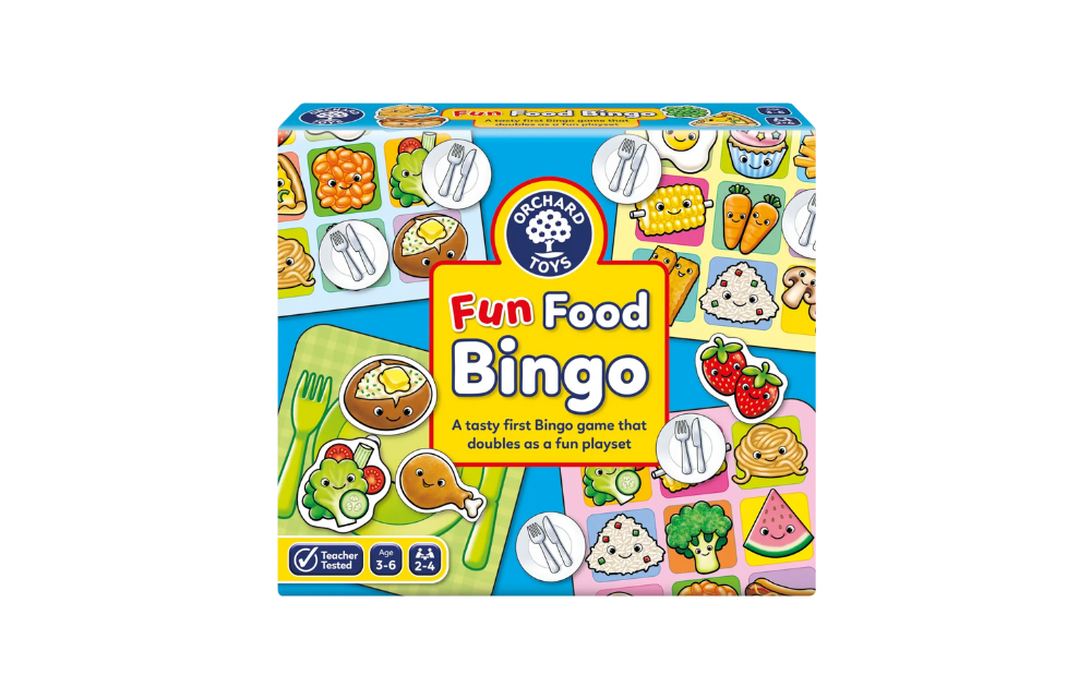 Fun Food Bingo game for kids by Orchard Toys featuring colorful food illustrations and engaging gameplay