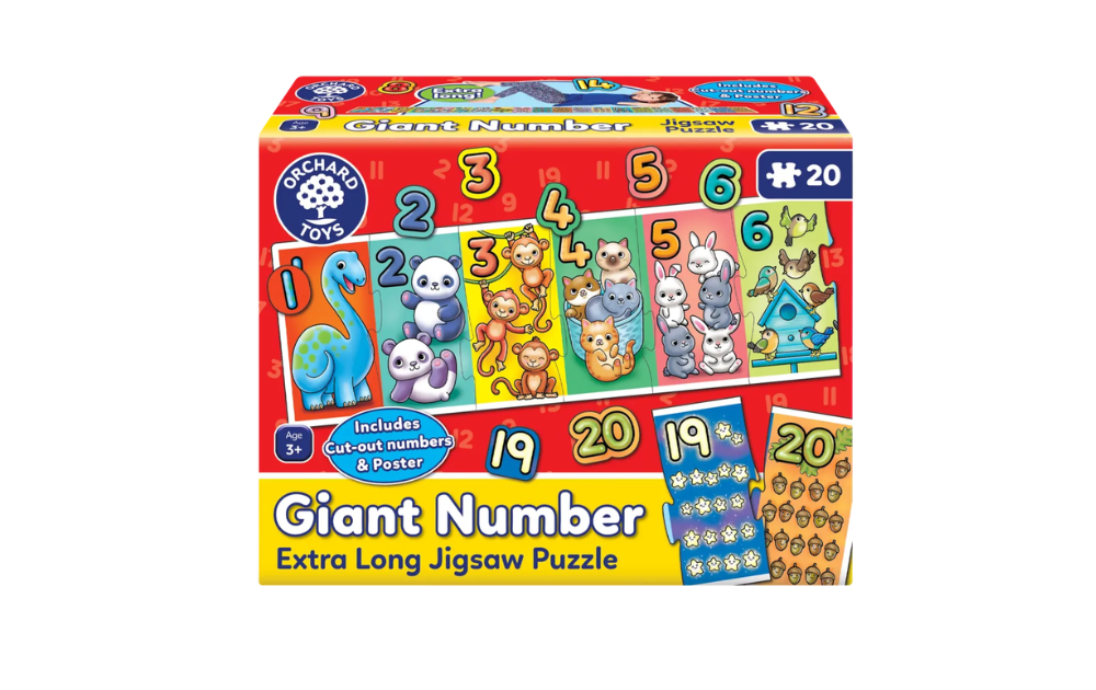 Giant Number Extra Long 20 Piece Jigsaw Puzzle by Orchard Toys featuring vibrant animal illustrations and numbers