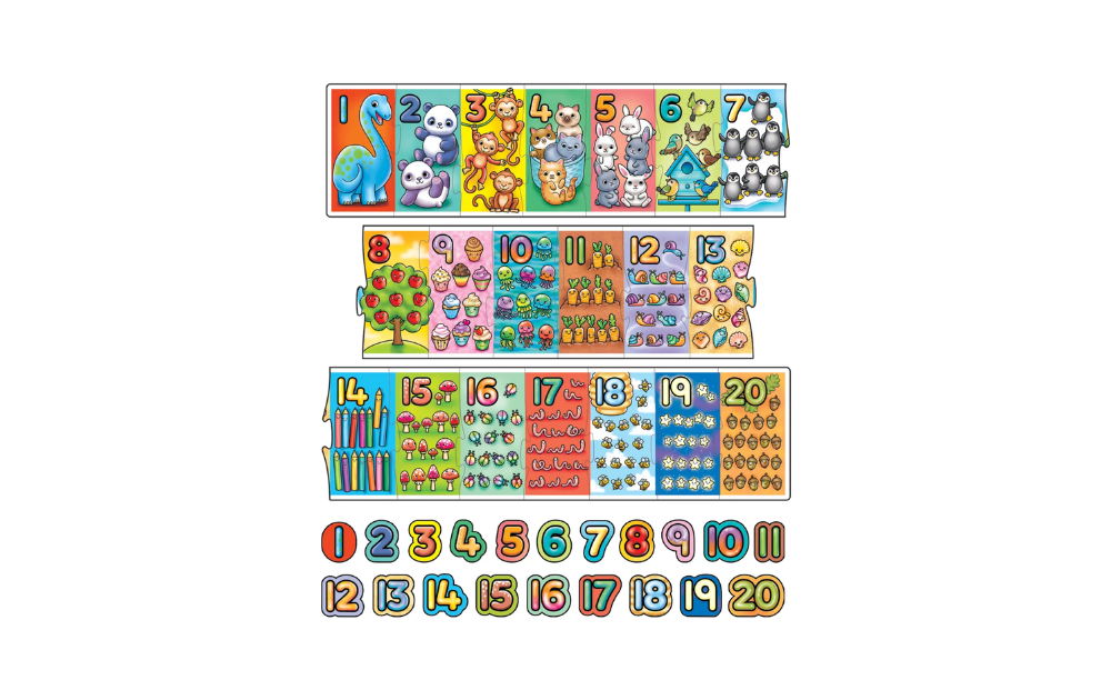 Giant Number Extra Long 20 Piece Jigsaw Puzzle by Orchard Toys featuring colourful numbered animals and items