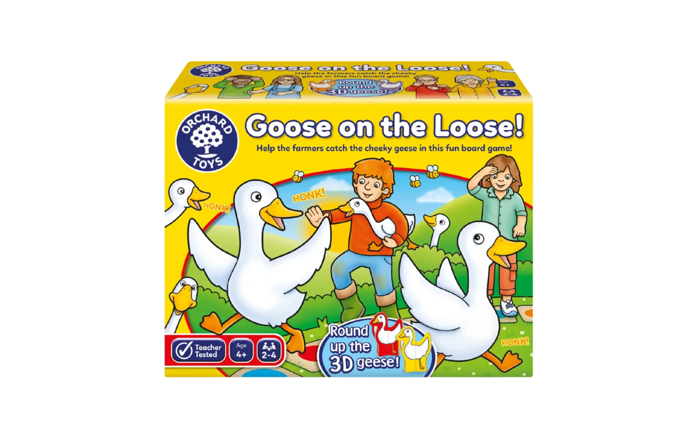 Goose on the Loose board game by Orchard Toys featuring kids rounding up 3D geese on the farm