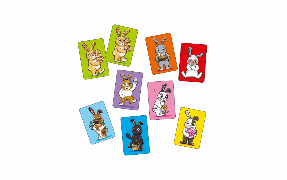 Colorful cards featuring cute bunnies from the Hot Cross Bunnies game by Orchard Toys