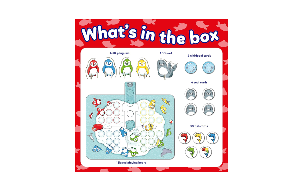 Contents of Hungry Little Penguins game showing penguins, seals, and fish cards on the playing board