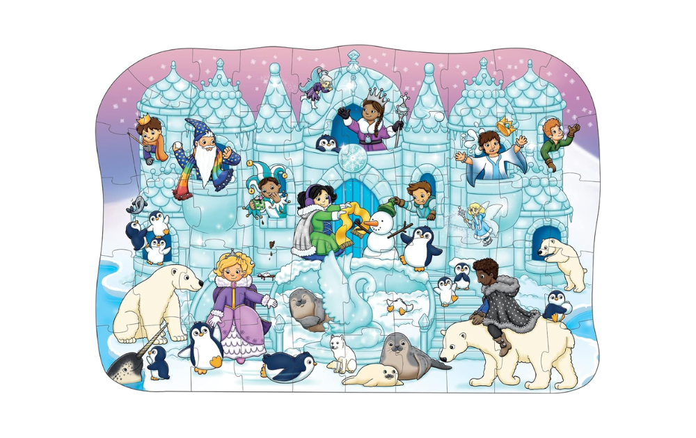Orchard Toys Ice Palace puzzle featuring children and animals in a snowy scene