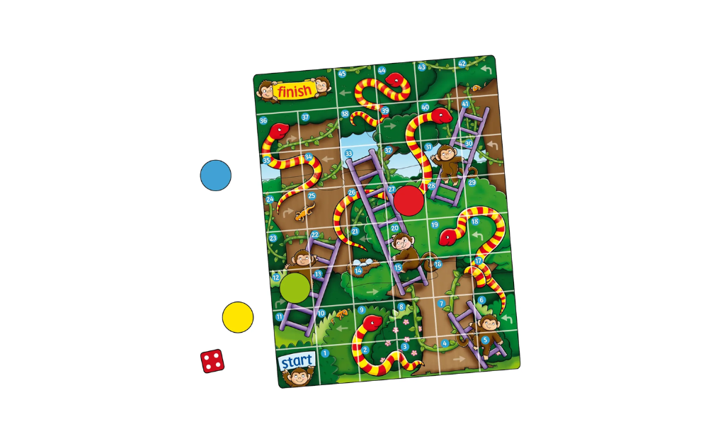 Orchard Toys Jungle Snakes and Ladders game featuring colorful snakes and ladders on a jungle-themed board