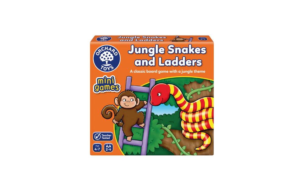 Orchard Toys Jungle Snakes and Ladders game featuring a colorful monkey and snake design on the box