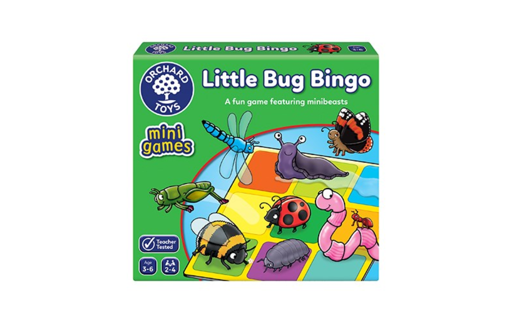 Orchard Toys Little Bug Bingo game featuring colorful minibeasts for children aged 3 to 6