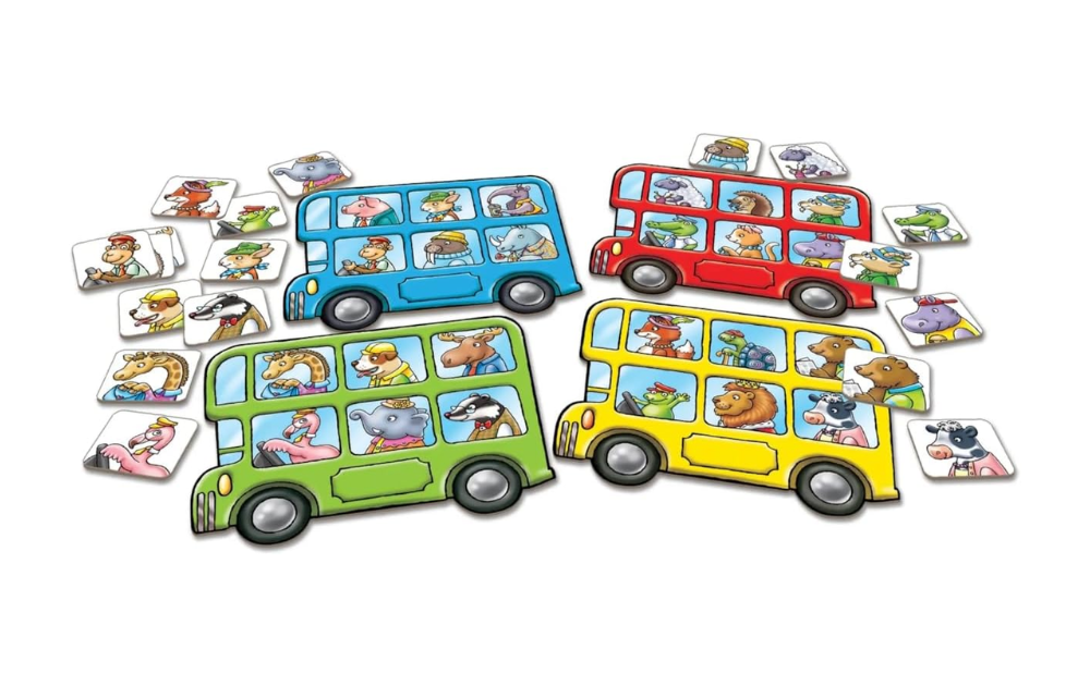 Colorful Little Bus Lotto game pieces with various animal illustrations for fun family gameplay