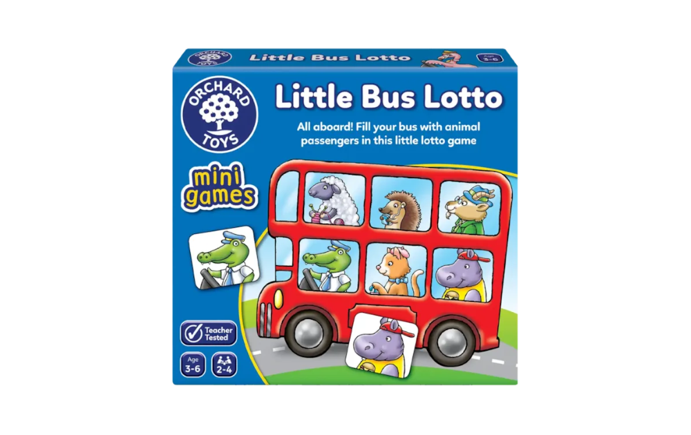 Orchard Toys Little Bus Lotto game featuring a red double-decker bus and animal passengers for kids aged 3-6