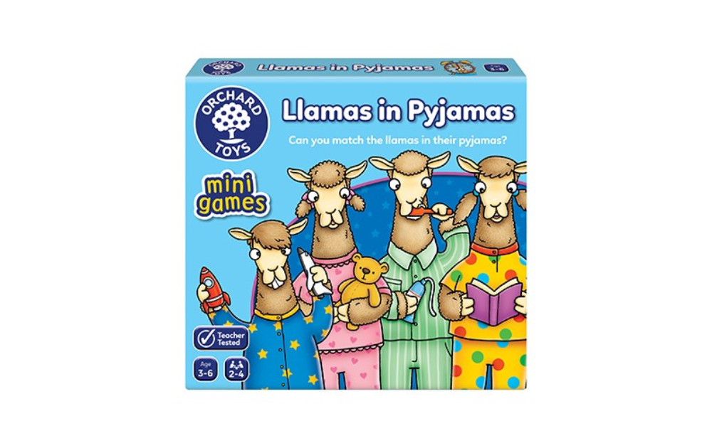 Orchard Toys Llamas in Pyjamas matching game box featuring playful llamas in colorful pajamas