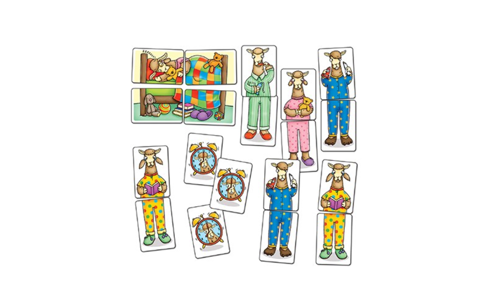 Orchard Toys Llamas in Pyjamas matching game pieces featuring colorful llama characters in pajamas
