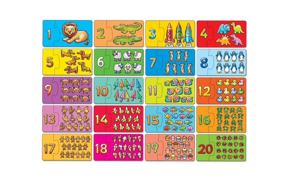 Match and Count Activity 20 Piece Puzzle by Orchard Toys featuring vibrant images of animals and numbers