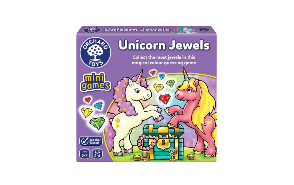 Orchard Toys Mini Games - Unicorn Jewels game box featuring colourful unicorns and jewel collection theme