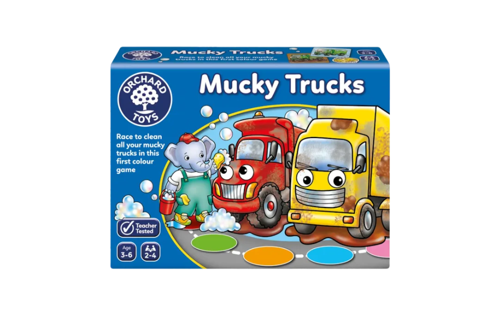 Orchard Toys Mucky Trucks Color Game with Colorful Trucks and Clean-Up Theme for Kids