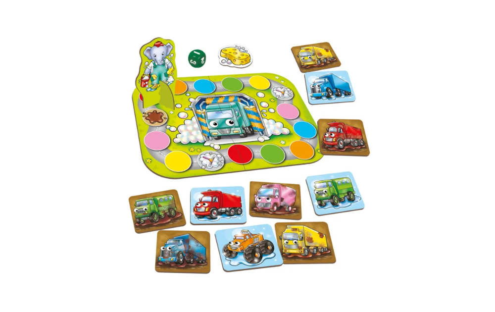 Orchard Toys Mucky Trucks game set with colorful truck cards and game board for fun family play