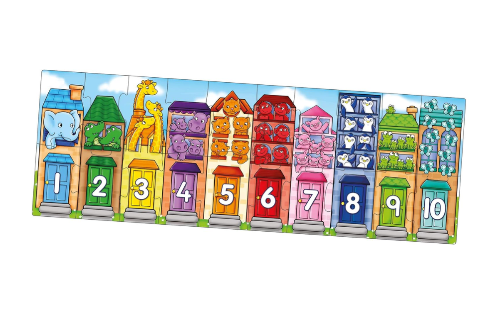 Orchard Toys Number Street jigsaw puzzle with colorful numbered houses and playful animal illustrations