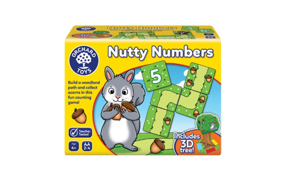 Orchard Toys Nutty Numbers educational game box featuring woodland path and 3D counting acorns