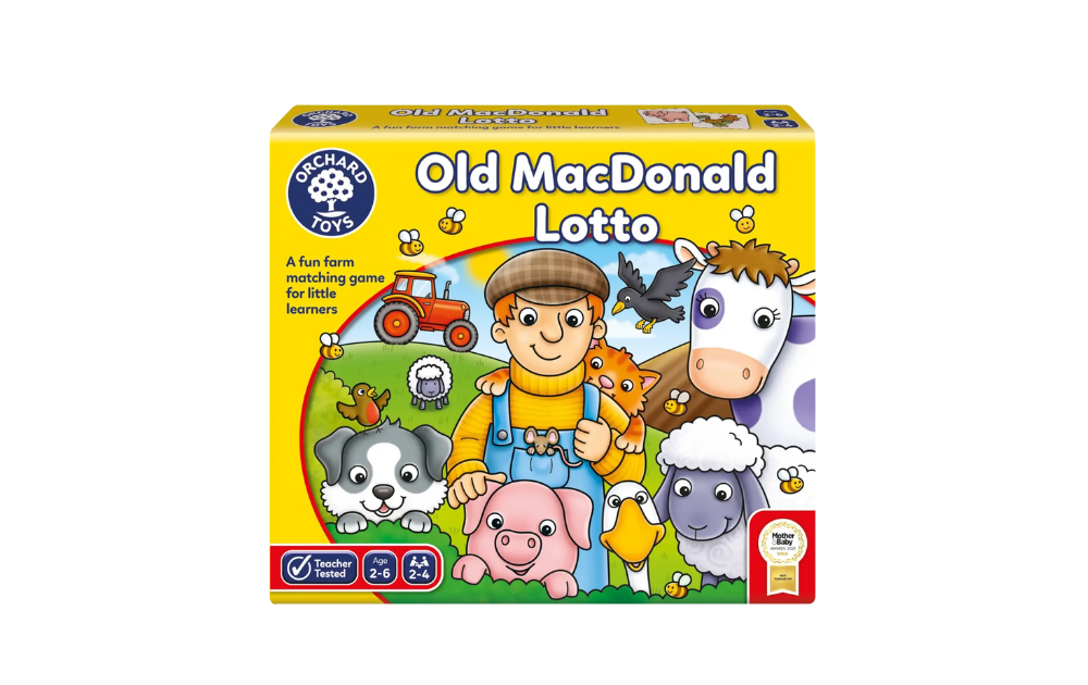 Orchard Toys Old MacDonald Lotto game box featuring colorful farm animals and characters for matching fun