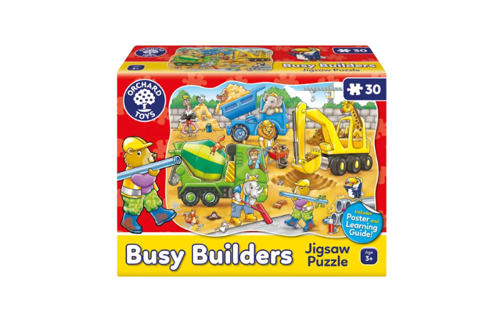 Orchard Toys Busy Builders 30 Piece Jigsaw Puzzle featuring construction scene with cheerful builders