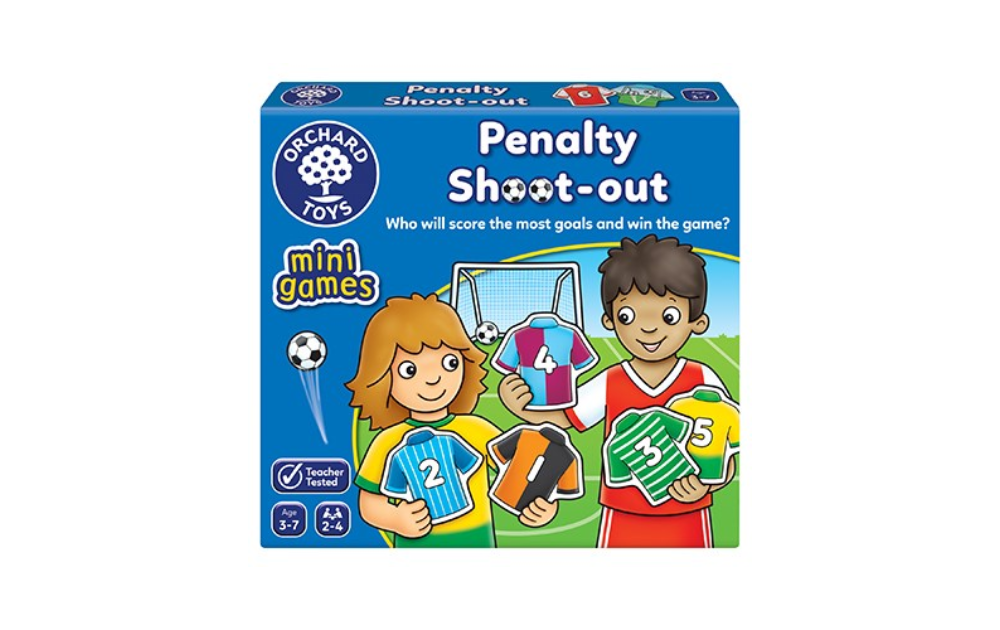 Orchard Toys penalty shoot-out game box featuring kids holding colorful cards for a fun soccer-themed activity