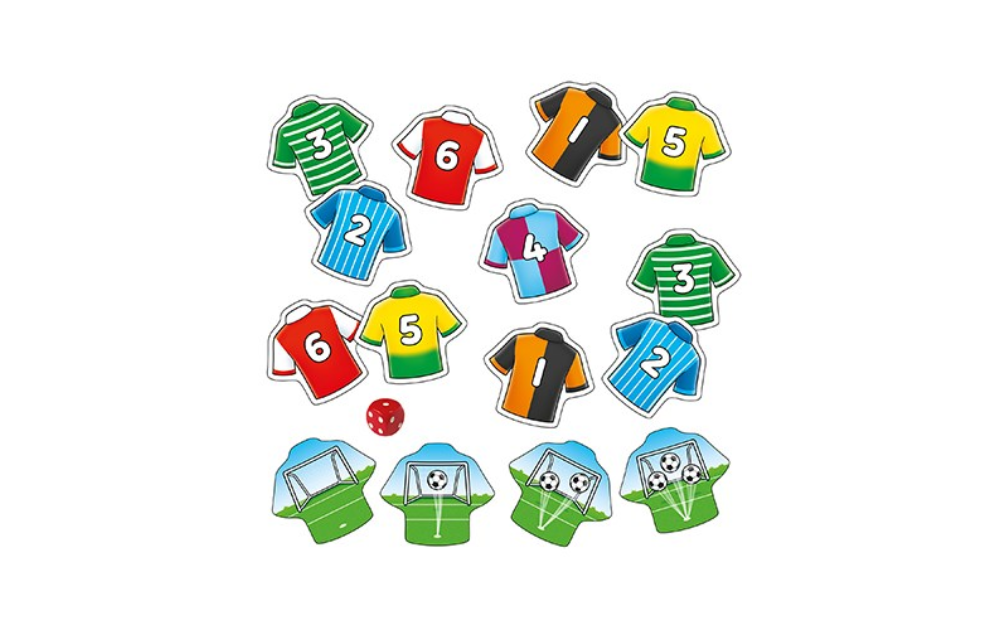 Orchard Toys penalty shoot-out game pieces including colorful jerseys and goal targets